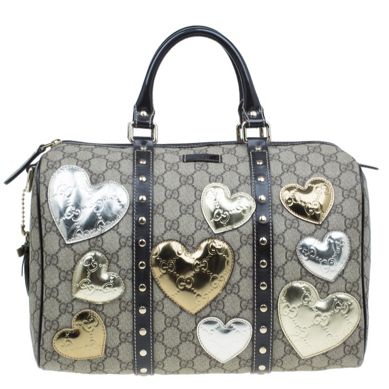 Pre Owned Gucci Beige Coated Canvas Medium Vintage Web Heart Original Boston Bag