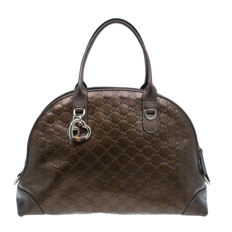 Gucci Metallic Brown Leather Medium Guccissima Heart Bit Top Handle Dome Bag