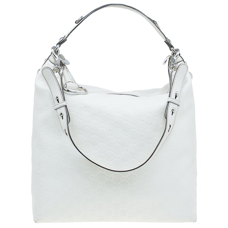 Pre Owned Gucci White Monogram Leather Large Icon Bit Hobo Bag
