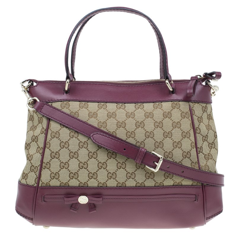 Pre Owned Gucci Purple Monogram Leather/Canvas Medium Mayfair Bow Top Handle Bag