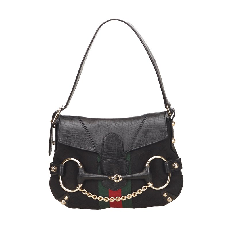 مملوكة مسبقًا Gucci Black Web Detail Horsebit Shoulder Bag