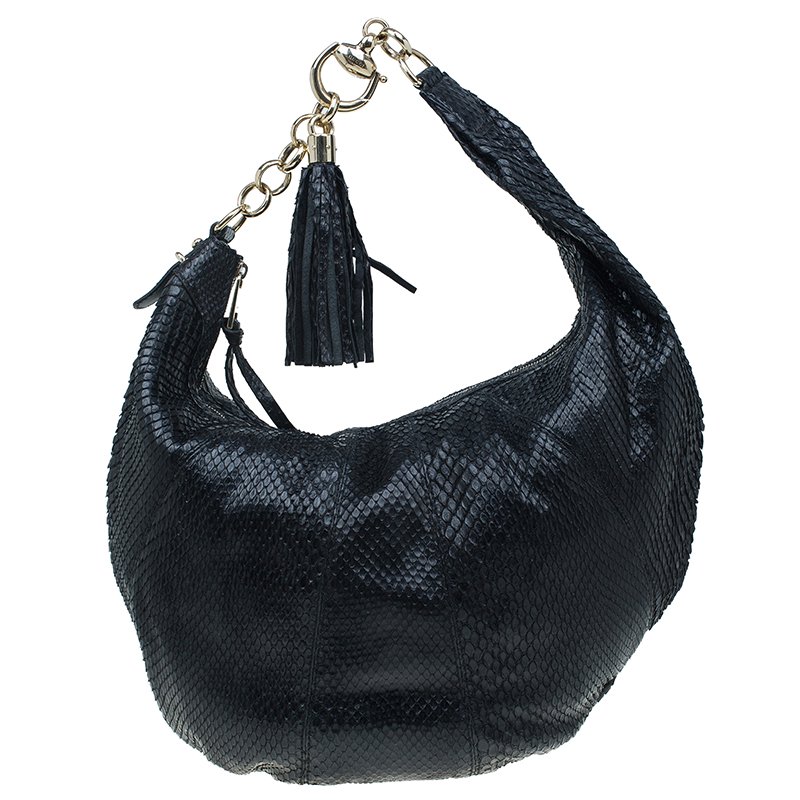 مملوكة مسبقًا Gucci Black Python Medium Tassel Horsebit Sienna Hobo