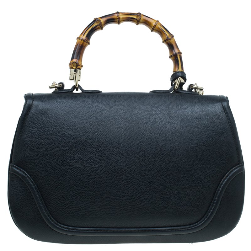 Gucci Black Leather Large New Bamboo Tassel Top Handle Bag