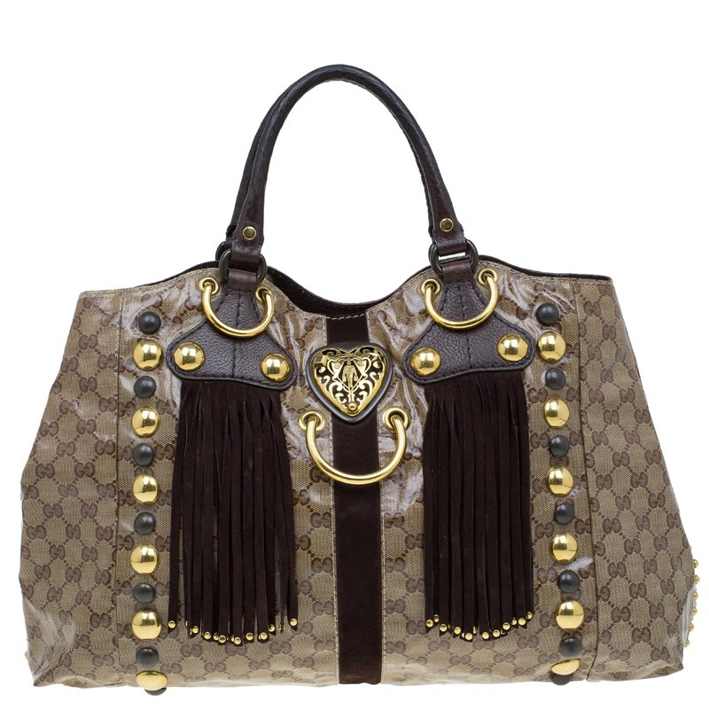 Pre Owned حقيبة يد غوتشي بوبوسكا هارت كانفاس مقوى كريستال GG بيج/بني داكن كبيرة