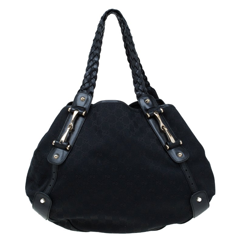 Pre Owned Gucci Black GG Canvas Medium Horsebit Pelham Shoulder Bag