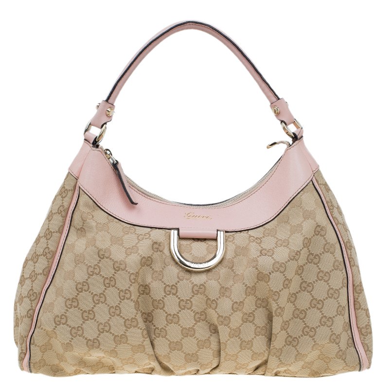 Pre Owned Gucci Biege/Pink GG Canvas Large D Ring Hobo
