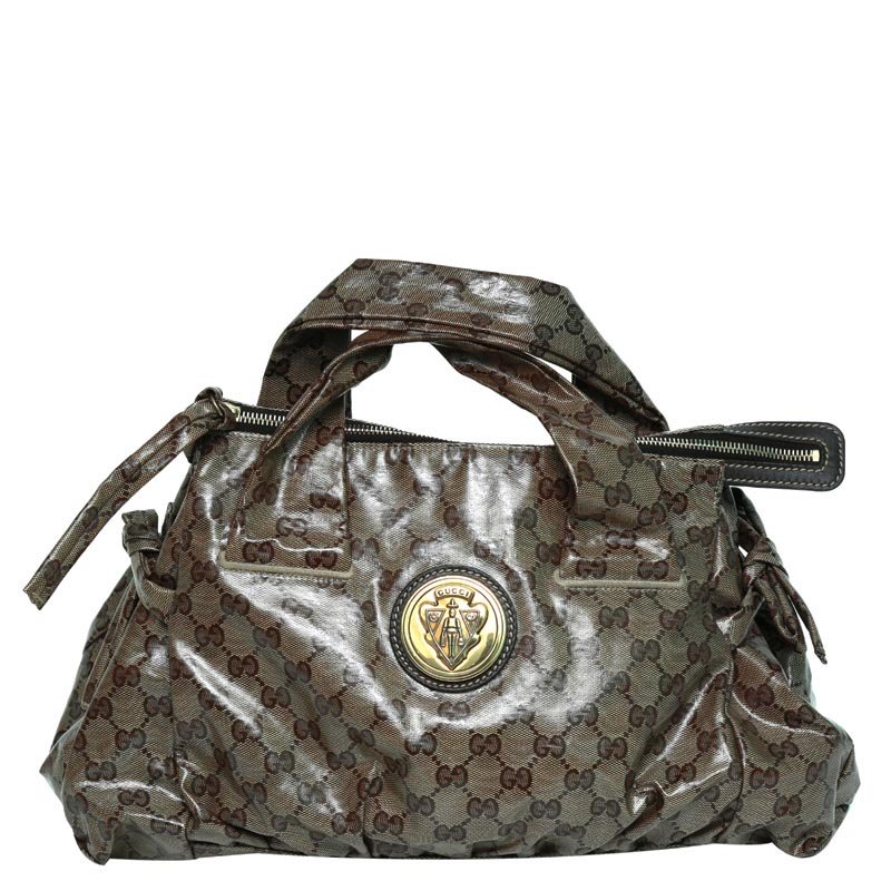 Pre Owned حقيبة ساتشل غوتشي هيستريا كانفاس بيج/بني GG كريستال مقوى صغيرة