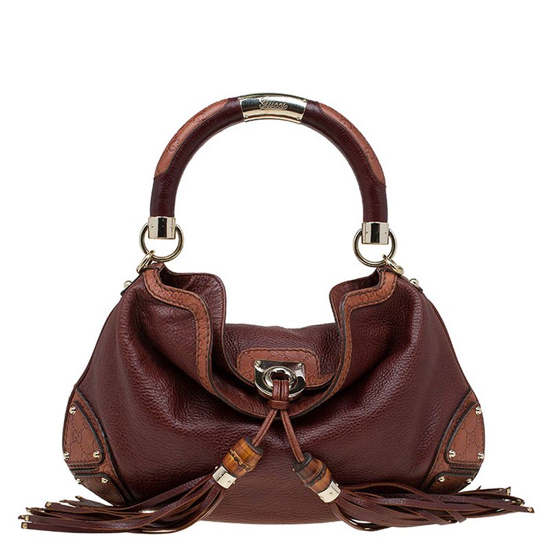 Pre Owned Gucci Brown Leather Medium Indy Top Handle Hobo