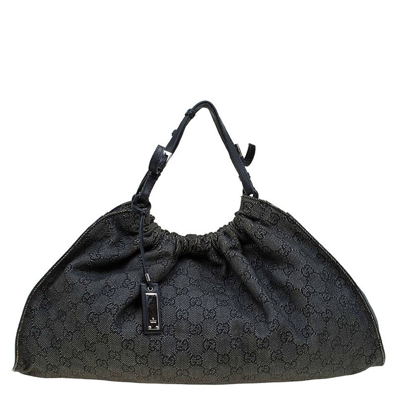 Pre Owned Gucci Black GG Canvas Logo Drawstring Tote