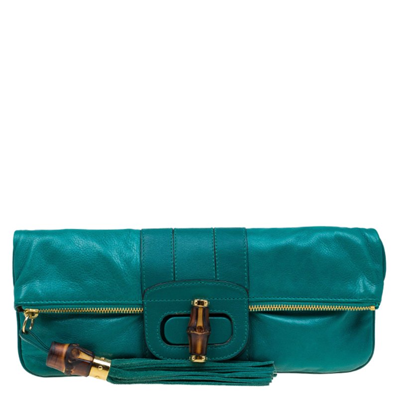 Pre Owned Gucci Green Leather Bamboo Detail Tassel Lucy Fold Over Clutch