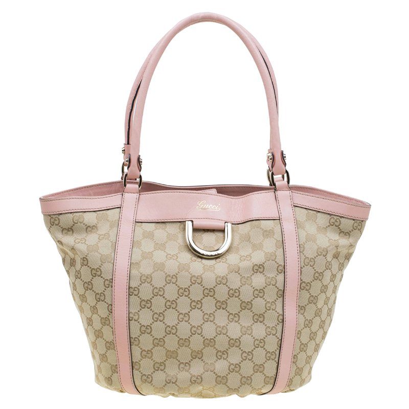 Gucci Beige/Pink GG Canvas D Ring Tote