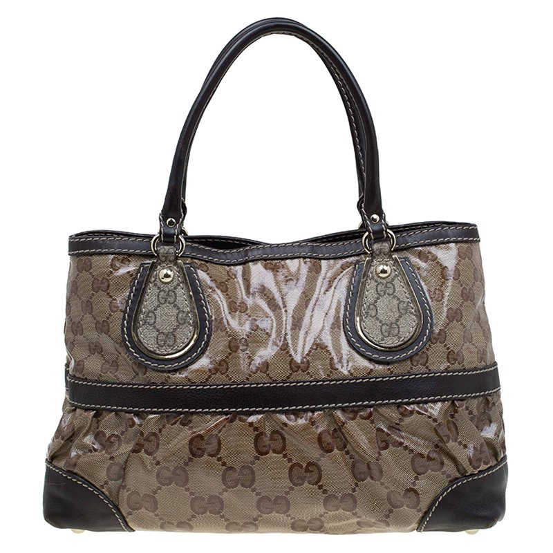 Pre Owned حقيبة يد غوتشي ميكس كانفاس مقوى كريستال GG عاجية/ بنية