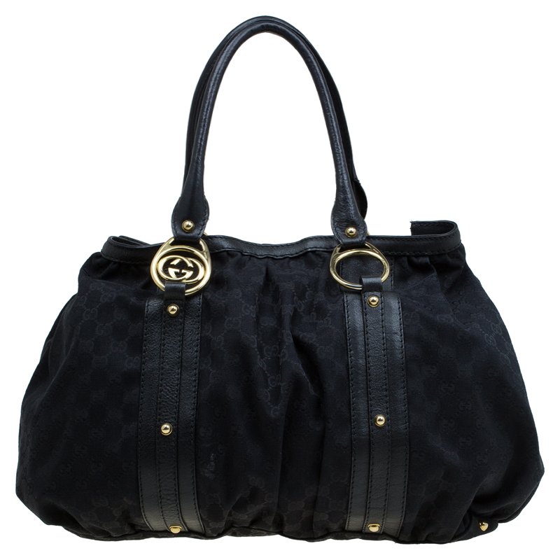 Pre Owned Gucci Black GG Canvas and Leather Interlocking Tote