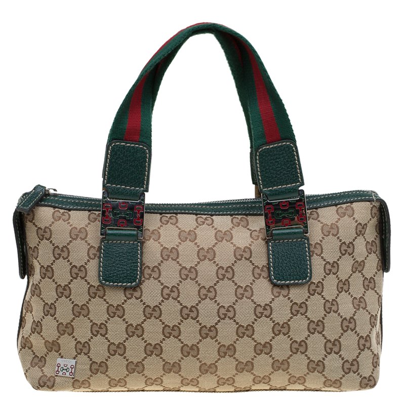 Pre Owned Gucci Beige/Green GG Canvas Small Handle Web Satchel