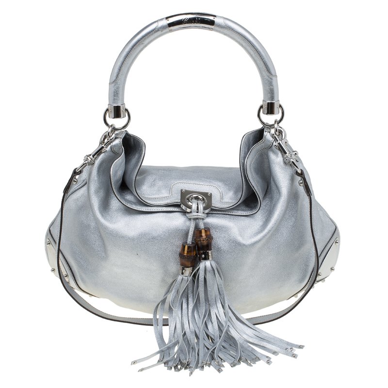 Gucci Silver Leather Large Indy Top Handle Hobo Bag