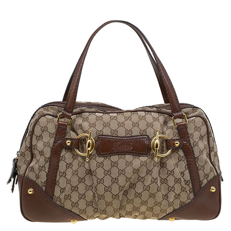 مملوكة مسبقًا حقيبة غوتشي بوسطن جوكي جلد وكانفاس GG بنية/ بيج