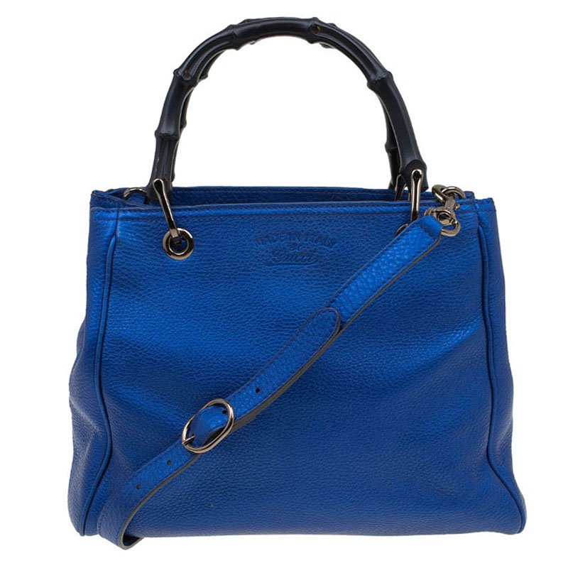 مملوكة مسبقًا حقيبة غوتشي شوبر جلد أزرق ميتالك بامبو صغيرة