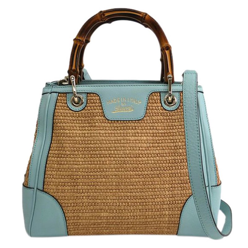 Pre Owned حقيبة يد غوتشي شوبر بامبو متوسطة جلد/ رافيا ثنائية اللون