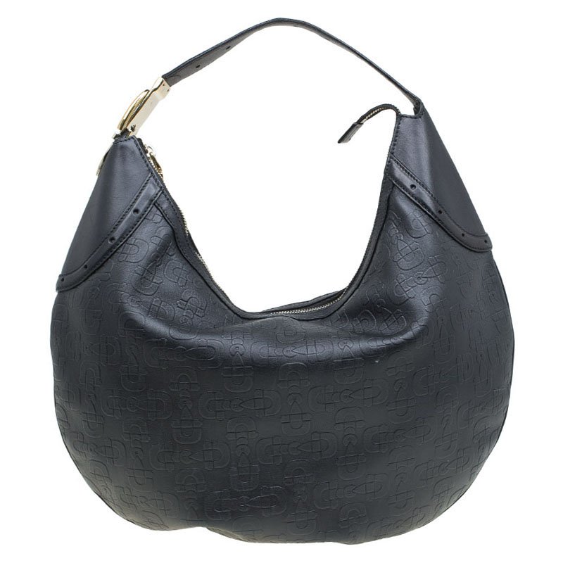 Pre Owned Gucci Black Leather Horsebit Embossed Buckle Hobo