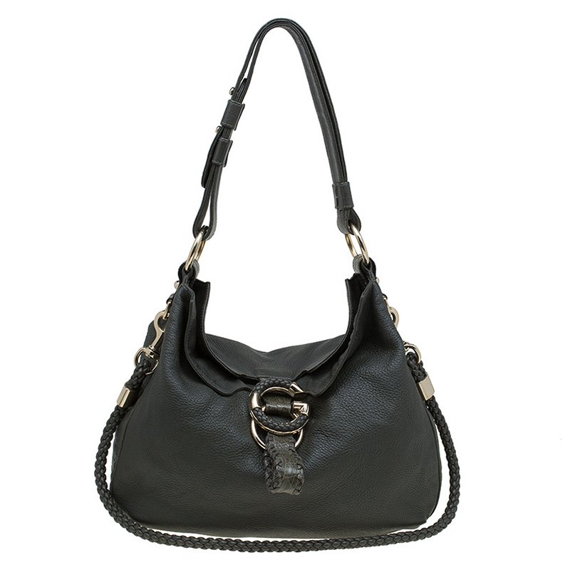 Pre Owned Gucci Dark Green Pebbled Leather Large Wave Hobo