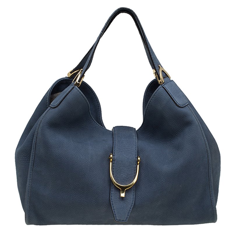 Pre Owned Gucci Blue Soft Leather Stirrup Top Handle Bag