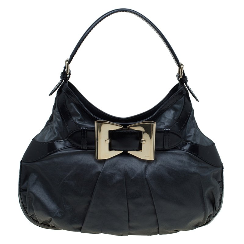 Pre Owned Gucci Grey/Black Leather Large Queen Hobo