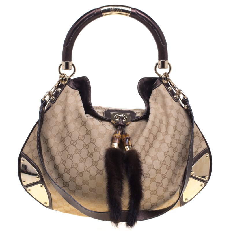 Pre Owned Gucci Beige GG Canvas Large Fur Tassel Indy Hobo