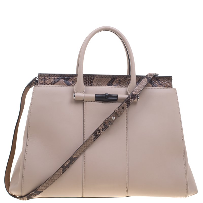 Pre Owned Gucci Beige Leather and Python Lady Bamboo Top Handle Bag