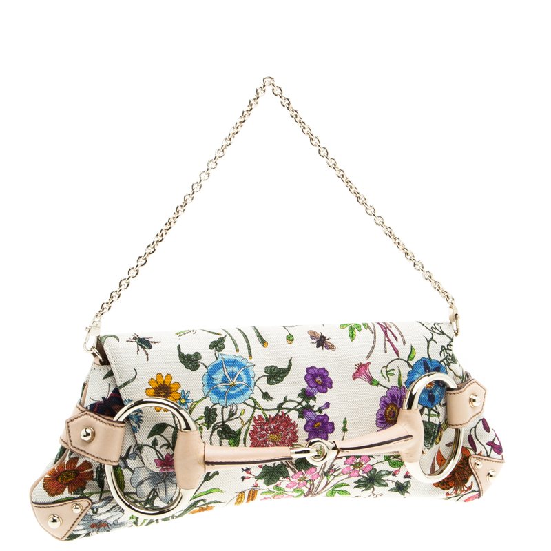 Gucci Shoulder Bag Horsebit Chain Strap Monogram Floral Gold Chain Multicolor Canvas Clutch