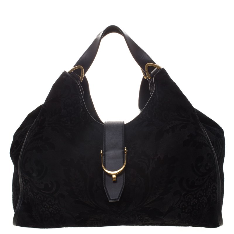 Gucci Black Brocade Suede and Leather Stirrup Hobo