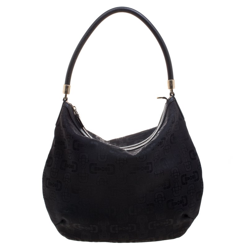 Pre Owned Gucci Black Horsebit Canvas Hobo