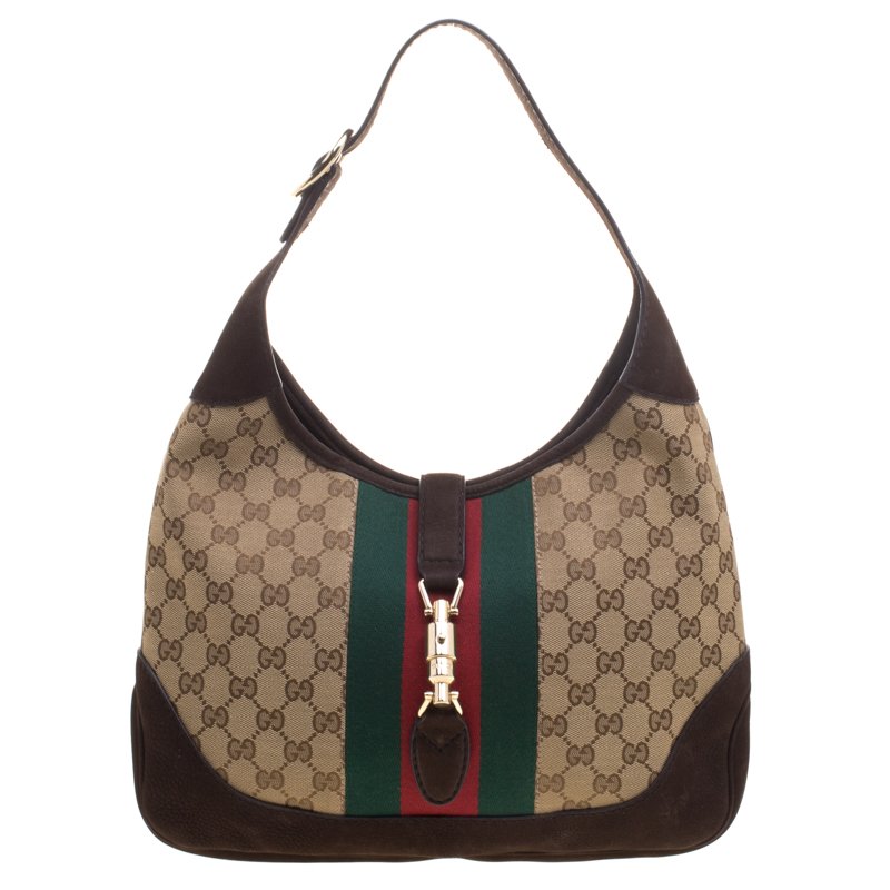 Pre Owned حقيبة غوتشي ويب جاكي ويب سويدي وكانفاس GG بنية