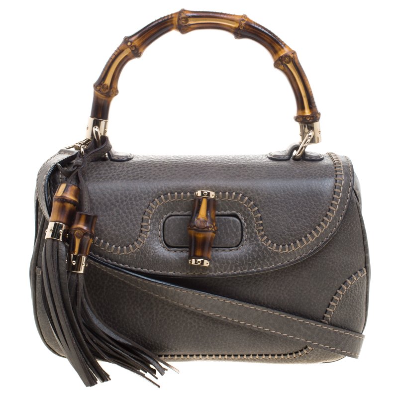 Pre Owned Gucci Pale Green Leather Tassel New Bamboo Top Handle Bag