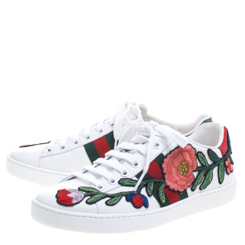 Gucci White Floral Embroidered Leather Ace Low Top Sneakers Size 35.5