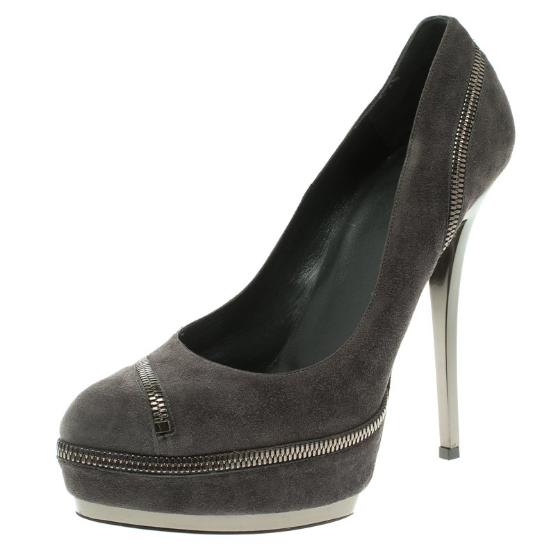 Pre Owned Gucci Grey Suede Zipper Detail Pixie Platform Pumps Size 40