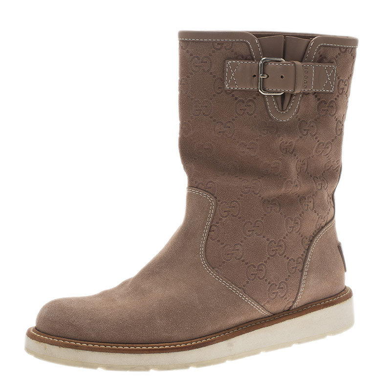 Pre Owned Gucci Brown Guccissima Suede Quercy Buckled Boots Size 37