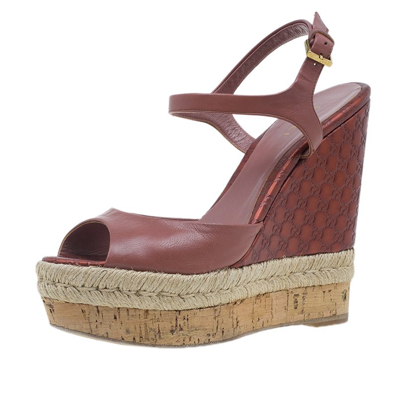 Gucci Pink Guccissima Leather and Cork Wedge Sandals Size 36