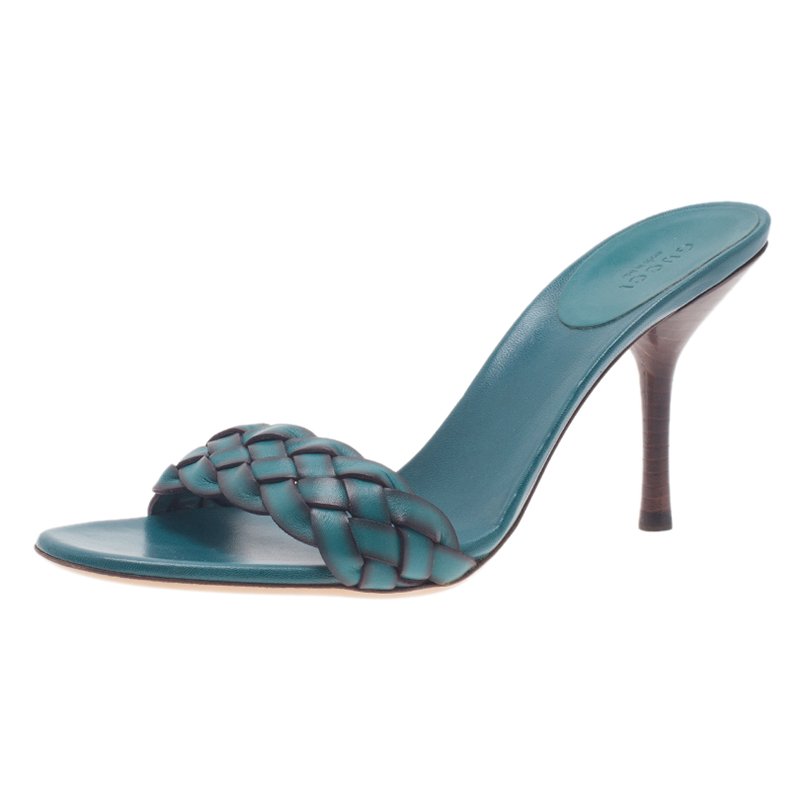Pre Owned Gucci Teal Braided Leather Open Toe Slides Size 38