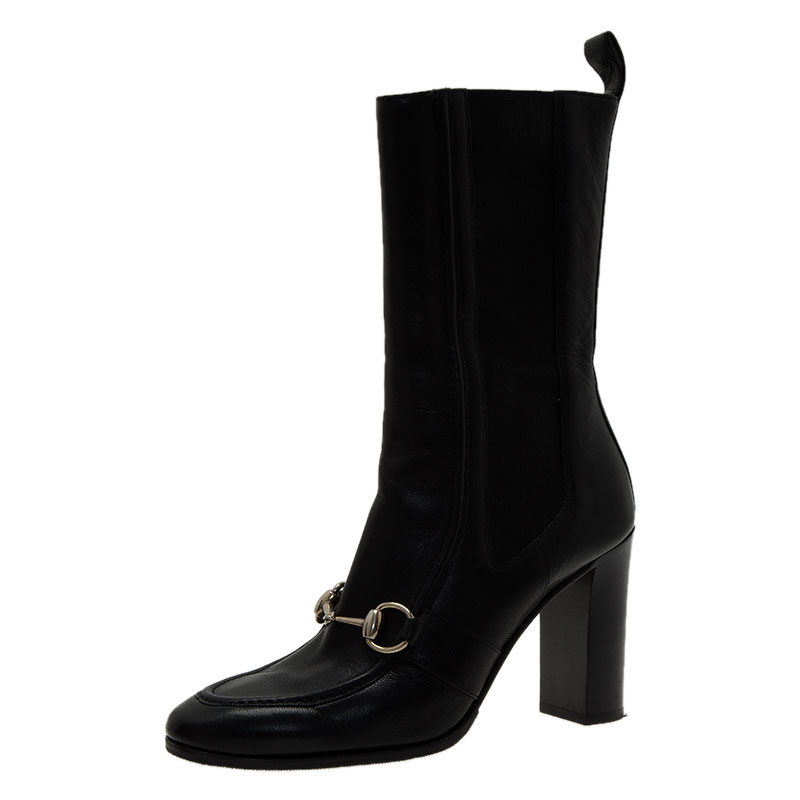 Pre Owned بوت كاحل غوتشي هورسبت أستيك وجلد أسود مقاس 36