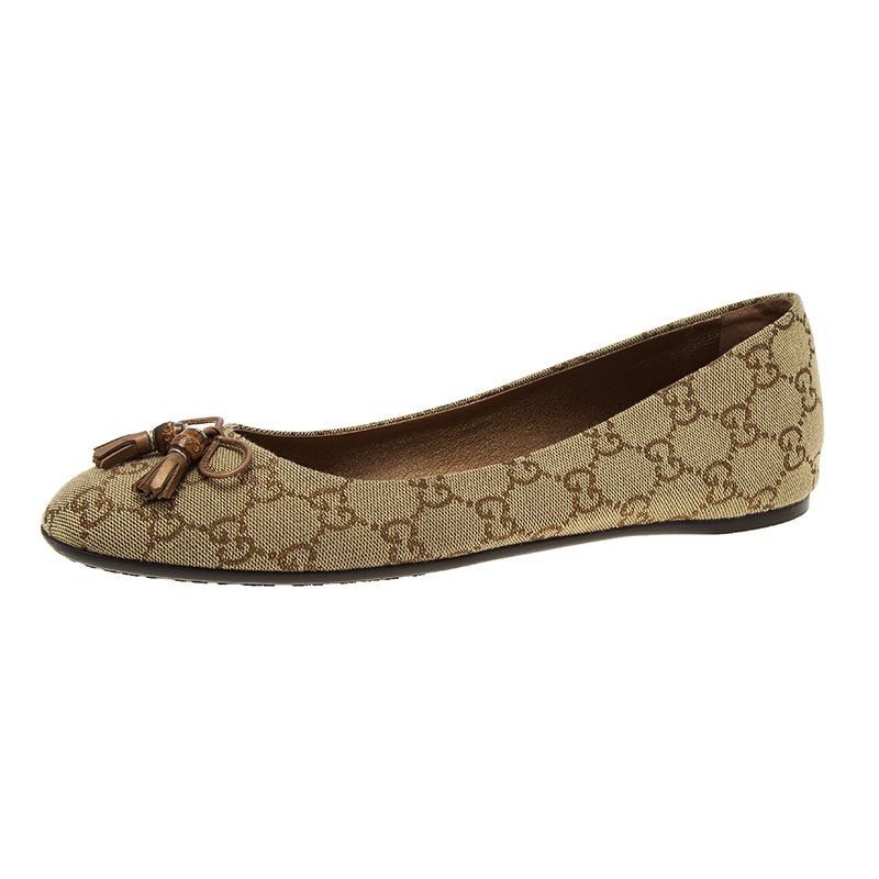 مملوكة مسبقًا Gucci Beige Guccissima Canvas Bamboo Bow Tassel Ballet Flats Size 39.5