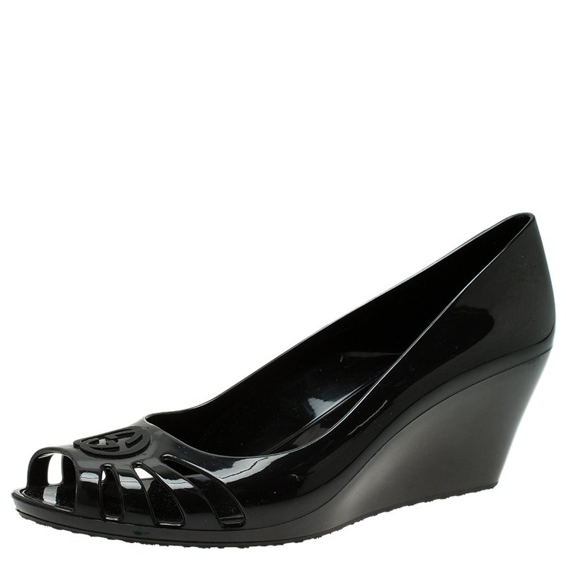 Pre Owned Gucci Black GG Marola Rubber Peep Toe Wedge Pump Size 38