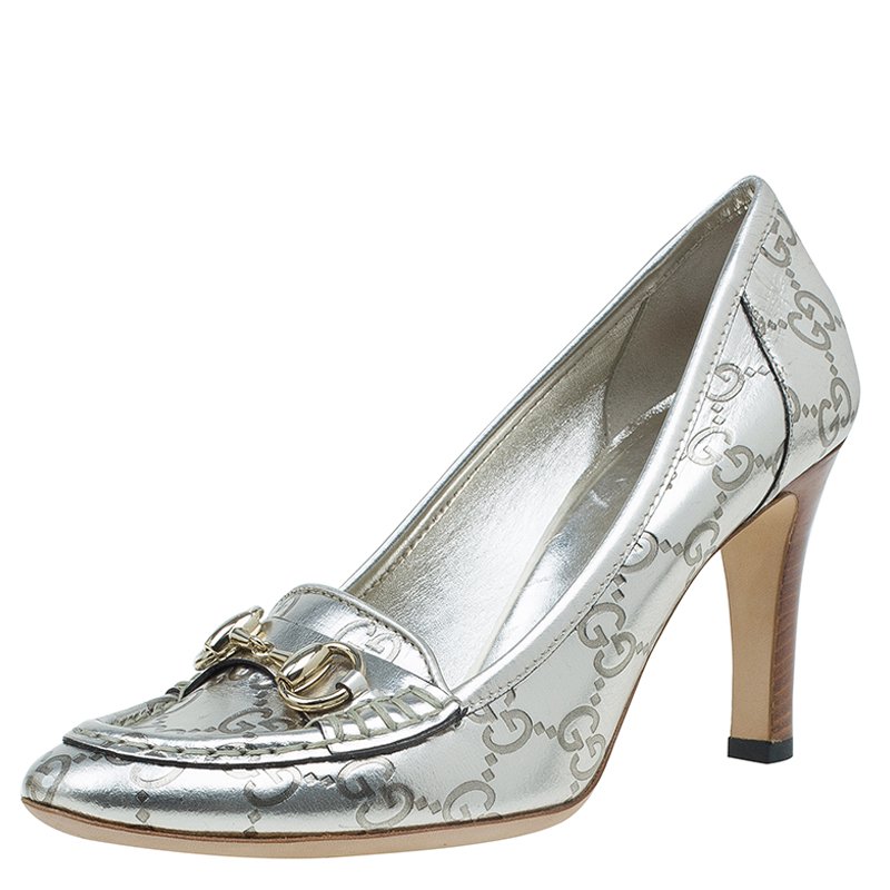 Pre Owned Gucci Metallic Gold Guccissima Leather Loafer Pumps Size 37