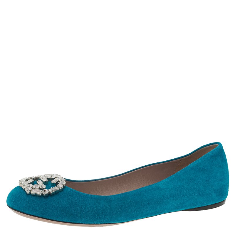 Pre Owned حذاء بالييه فلات غوتشي سويدي أزرق GG كريستال مقاس 39.5