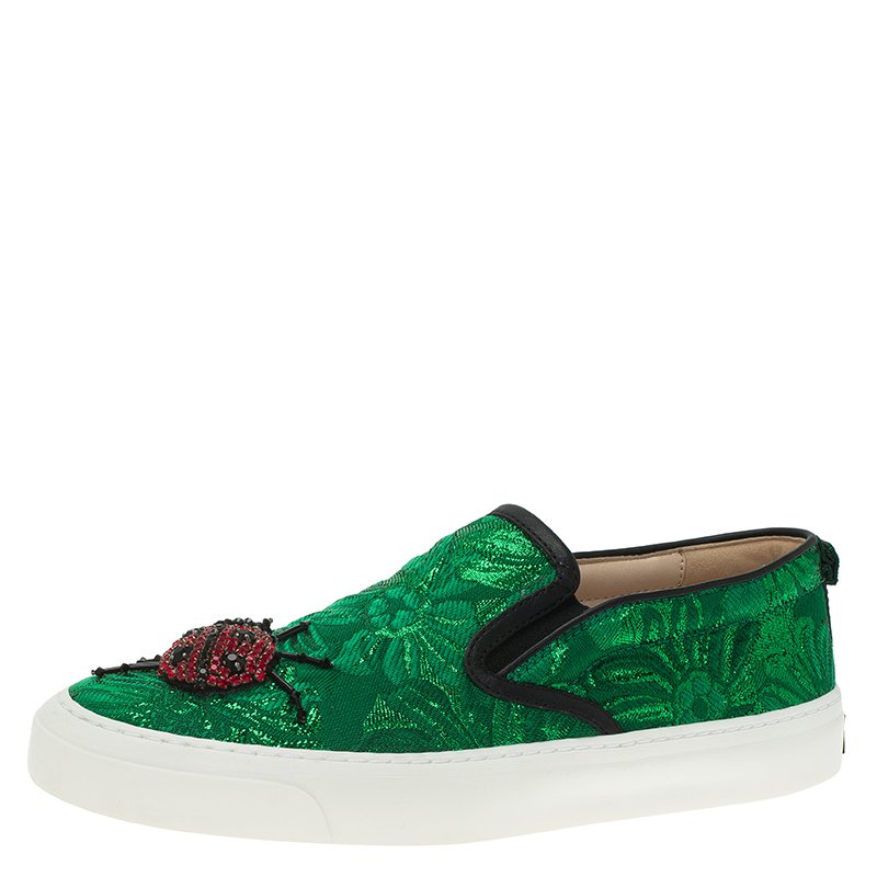 مملوكة مسبقًا Gucci Green Brocade Crystal Lady Bug Slip On Sneakers Size 37.5
