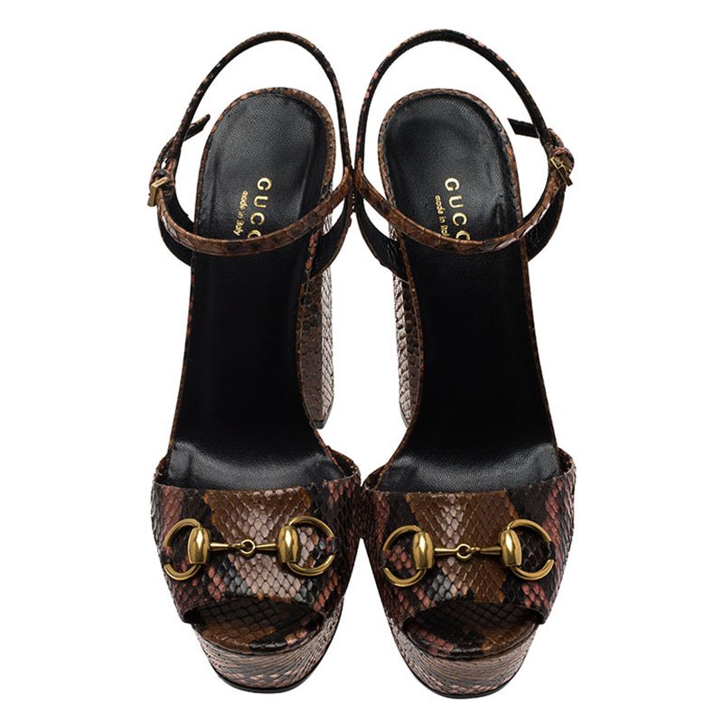 Gucci Brown Python Claudie Horsebit Platform Sandals Size 37 Gucci | TLC