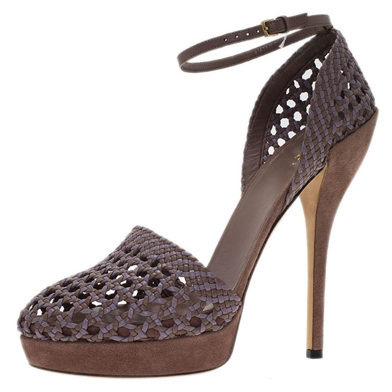  Gucci  Brown Woven Leather Kyligh Ankle Strap Platform 