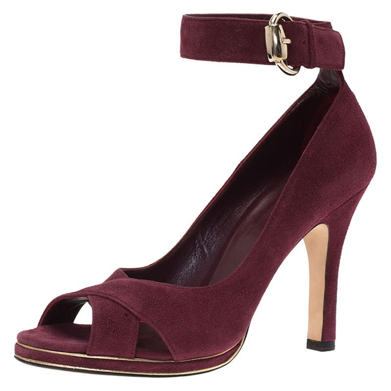 Pre Owned Gucci Burgundy Suede Criss Cross Ankle Strap Pumps Size 37