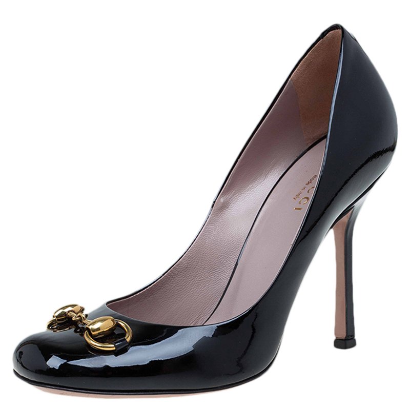 Pre Owned Gucci Black Patent Jolene Horsebit Pumps Size 36.5