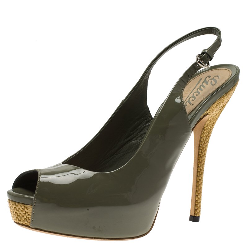 Gucci Green Patent Sofia Peep Toe Raffia Slingback Sandals Size 38.5