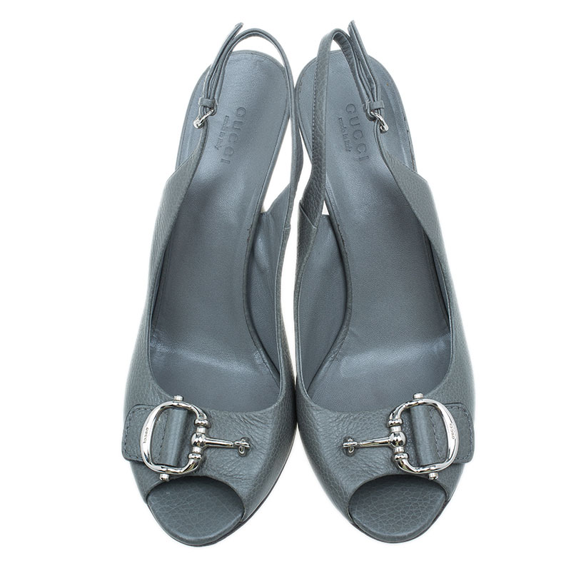  Gucci  Grey Leather Techno Horsebit Slingback Sandals  Size 